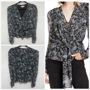 Leyden Black Teal Paisley V-Neck Peplum Blouse S